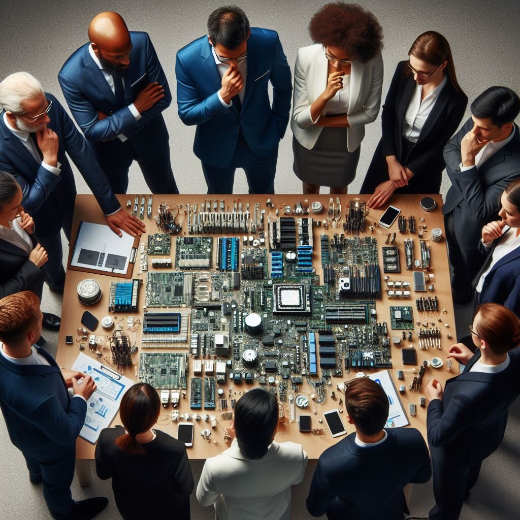 People standing around electronic components.